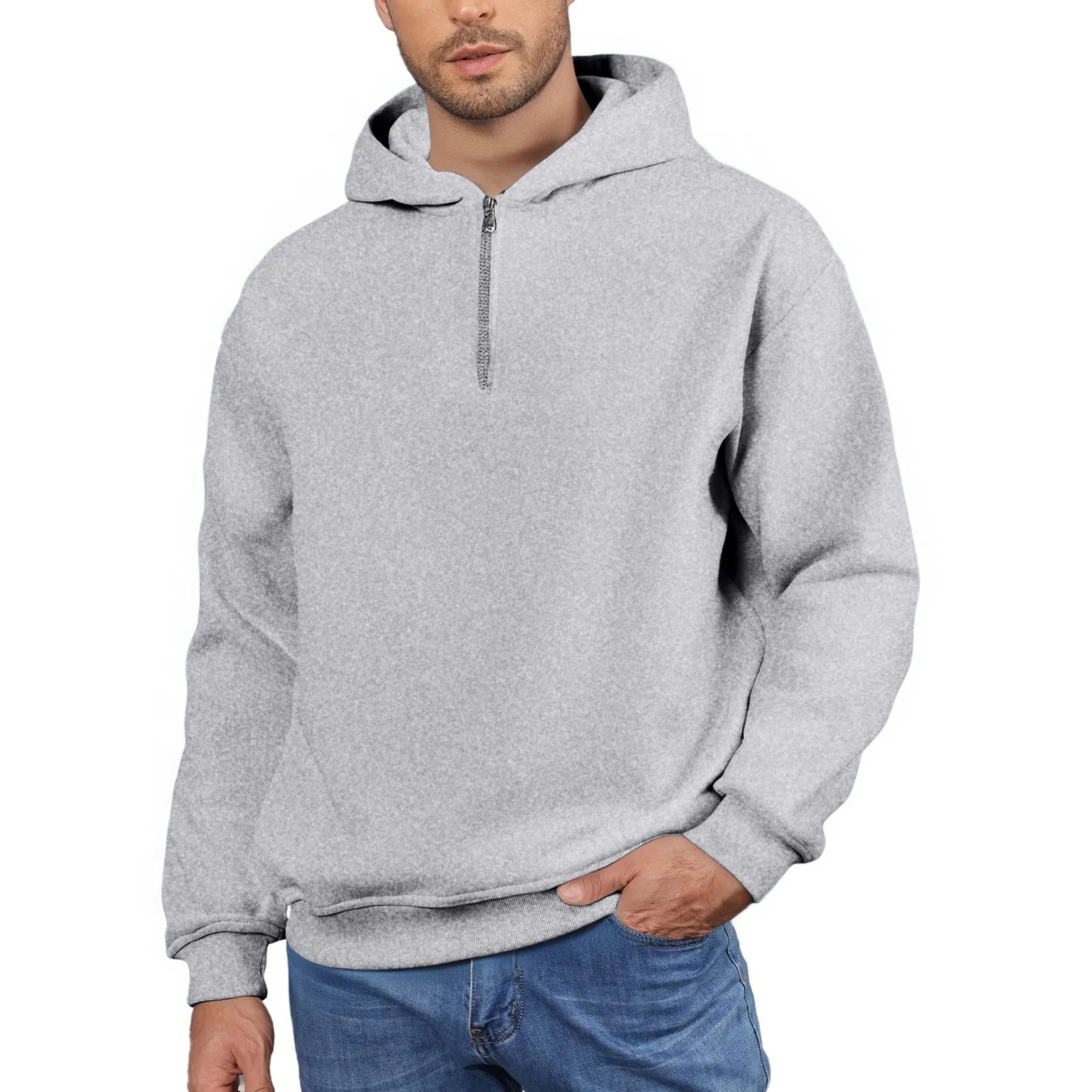 Men'S Quarter Zip Hoodies Zip up Solid Color Hoodie Long Sleeve Drop Shoulder Sweatshirt Casual Pullover Gray XL